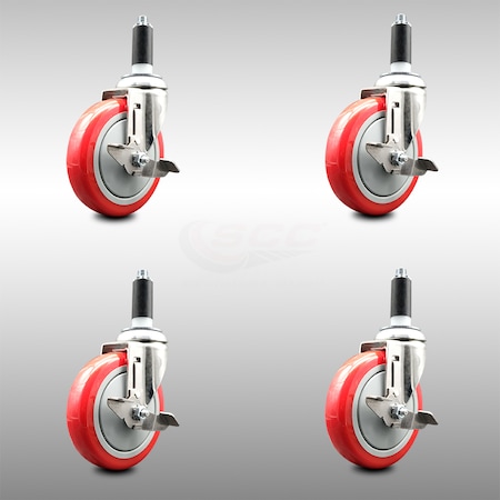 Service Caster 5 Inch 316SS Red Poly Swivel 1-1/8 Inch Expanding Stem Caster Set Brake SCC SCC-SS316EX20S514-PPUB-RED-TLB-118-4